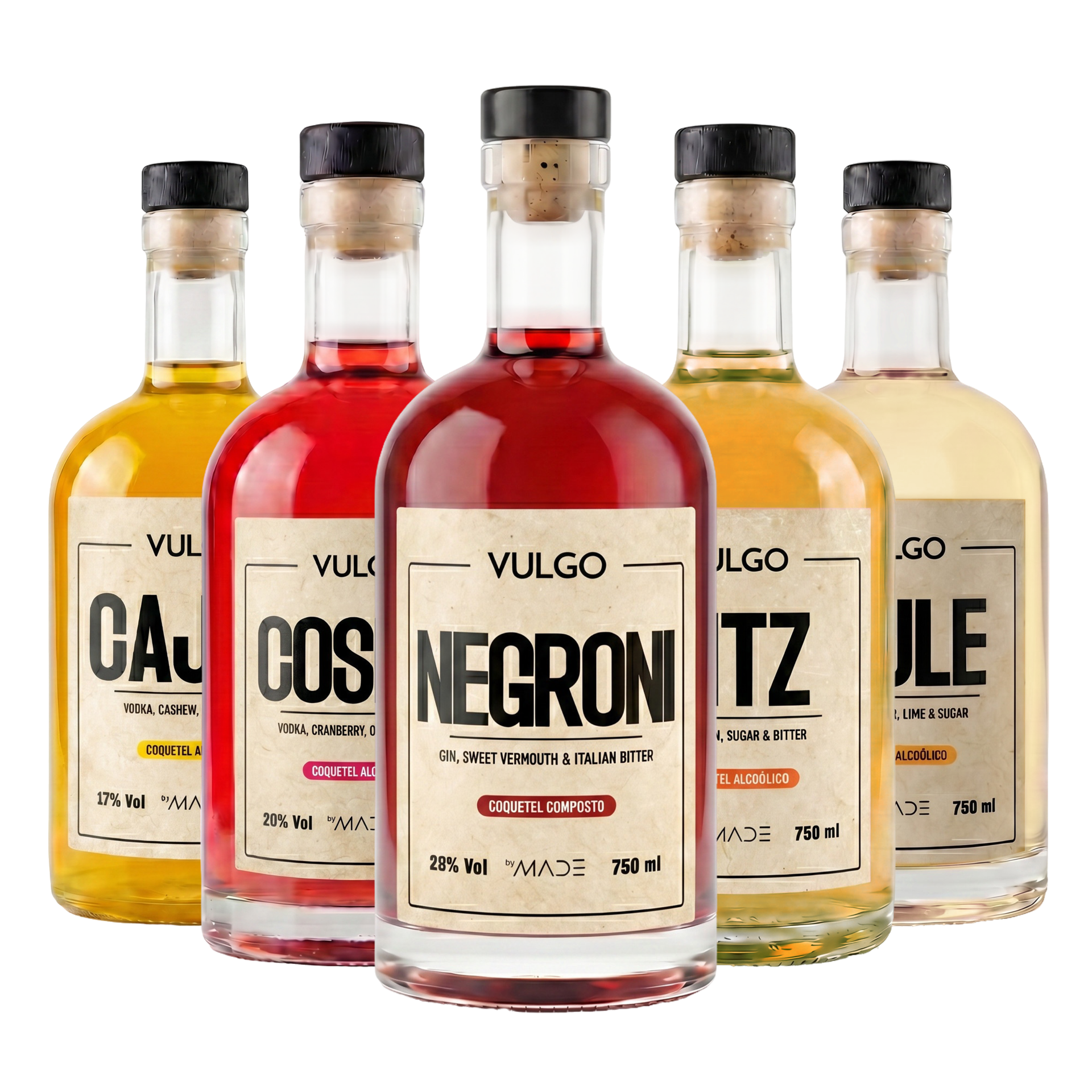 Linha Vulgo — 5 garrafas: Negroni, Cosmo, Fitz, Mule e Cajoo